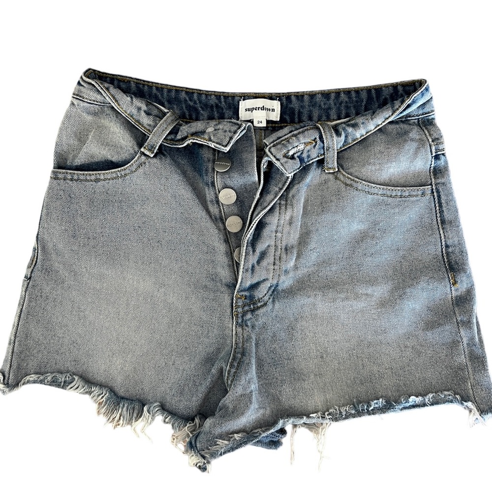 Superdown x Revolve Light Wash Distressed Denim Fold Over Shorts 24